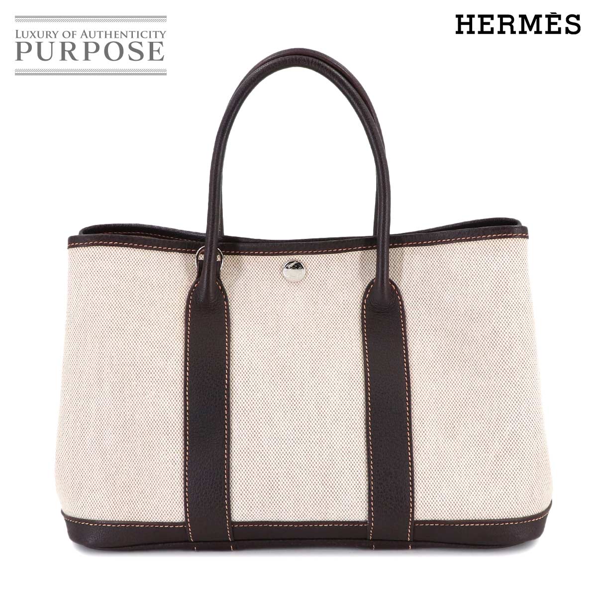 HERMES ガーデンパーティ TPM トート バッグ トワルアッシュ レザー ナチュラル マロン □I刻印 Garden Party TPM エルメス 90313955