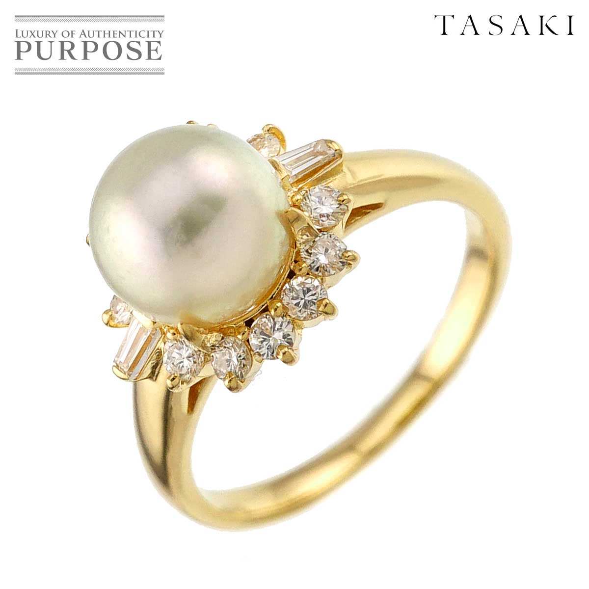 TASAKI 14号 リング アコヤ真珠 8.2mm ダイヤ 0.45ct K18 YG イエローゴールド 750 パール 指輪 田崎真珠 Akoya Pearl Ring タサキ 90312886