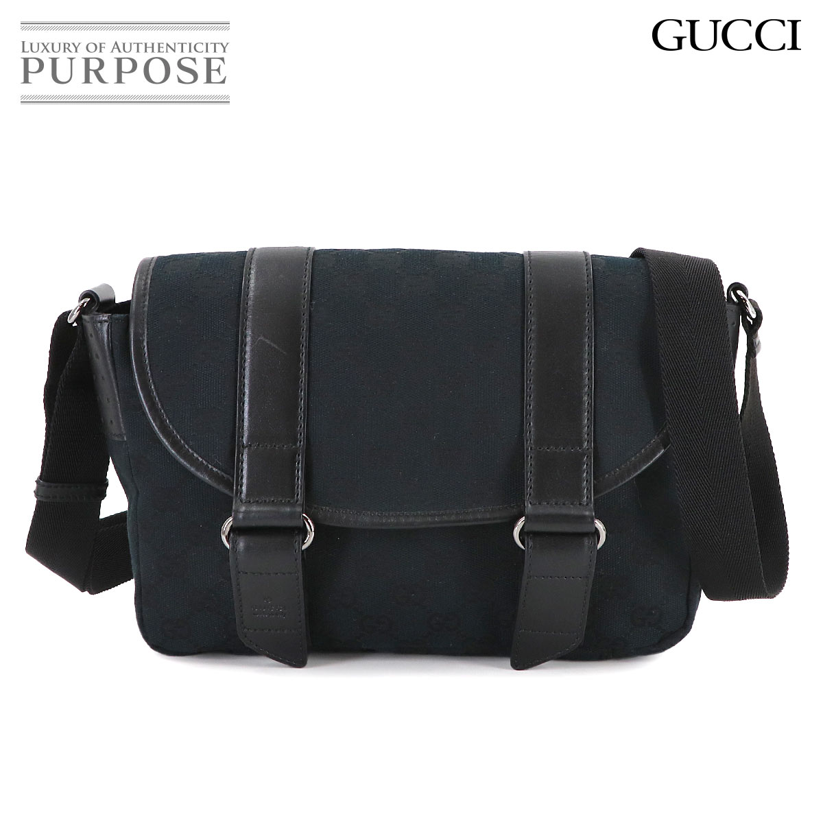 GUCCI GGキャンバス メッセンジャー ショルダー バッグ レザー ブラック 145858 シルバー 金具 Shoulder Bag グッチ 90314048