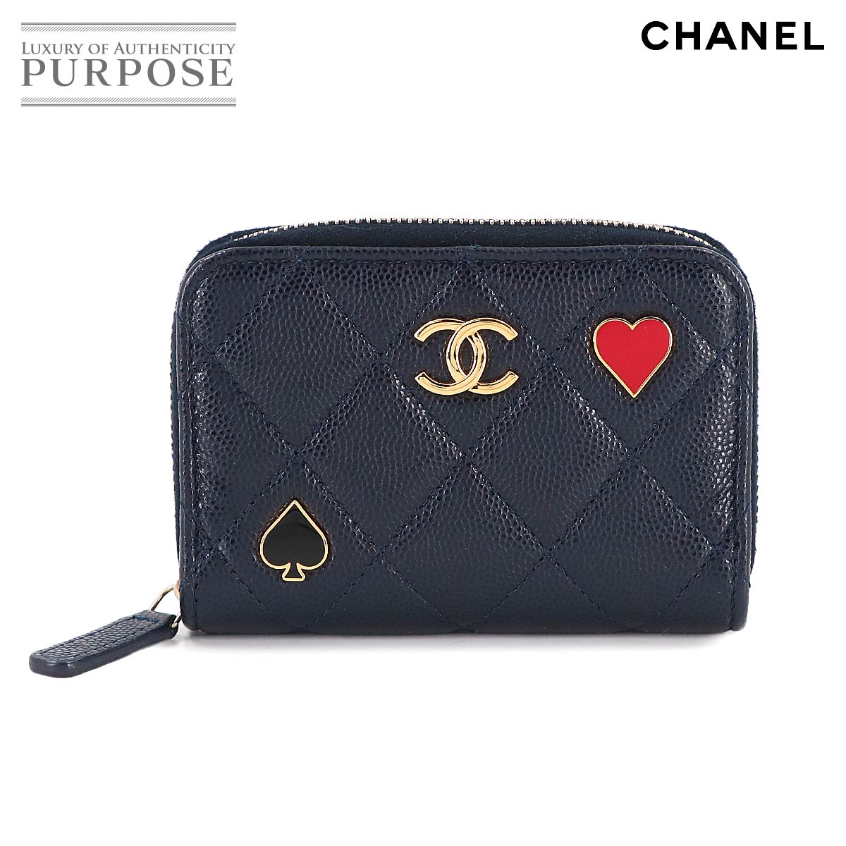 CHANEL マトラッセ ジップ コインパース 小銭入れ キャビアスキン レザー ネイビー トランプ AP3082 ゴールド 金具 Coin Purse シャネル 90314217