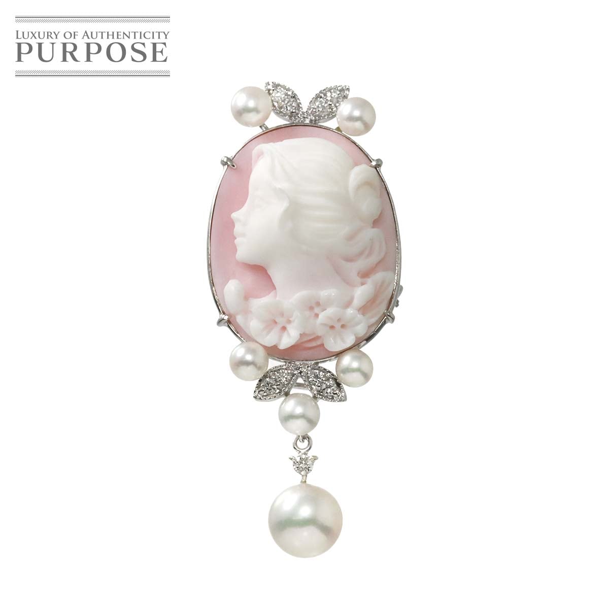 シェルカメオ アコヤ真珠 3.3-6.9mm ダイヤ 0.13ct K18 WG ブローチ 兼 ペンダント トップ ホワイトゴールド 750 Shell Cameo Brooch 90311942