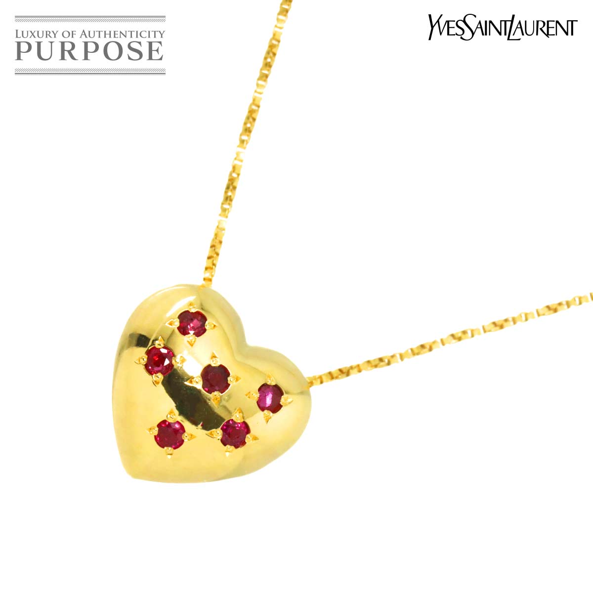 Yves Saint Laurent ルビー 0.24ct ハート ネックレス 42cm K18 YG イエローゴールド 750 Ruby Necklace イヴ サンローラン 90310371