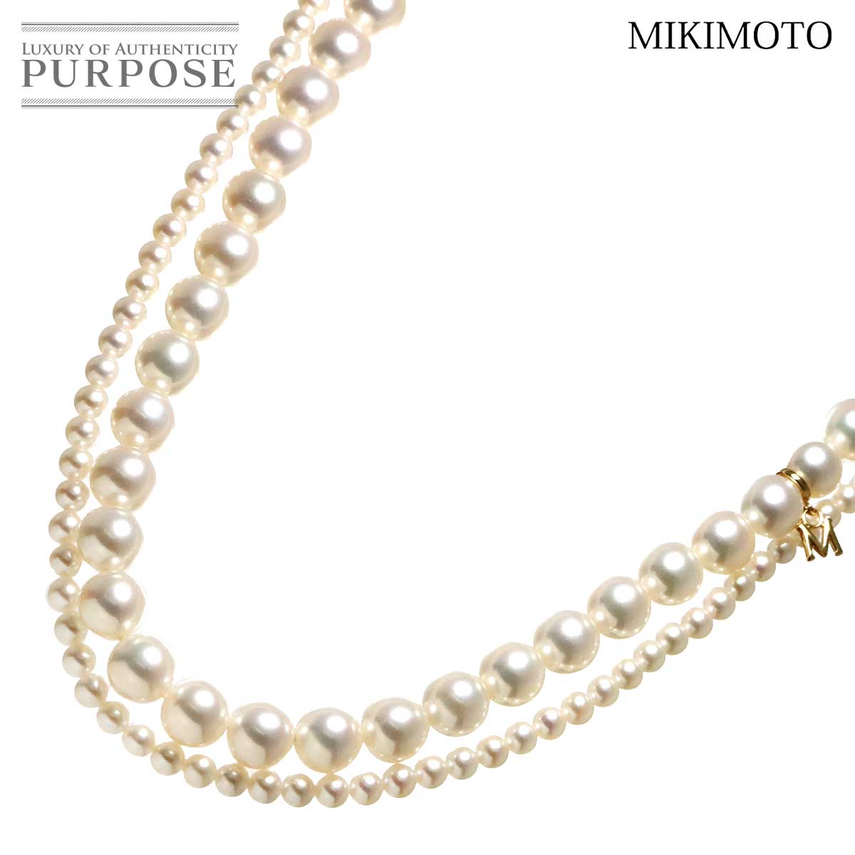MIKIMOTO アコヤ真珠 7.3-3.4mm ネックレス 63cm K18 YG イエローゴールド 750 パール 2連 Akoya Pearl Necklace ミキモト 90312876