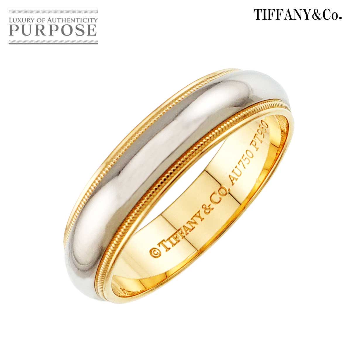 TIFFANY&Co. ミルグレイン バンド 27.5号 リング 幅6mm プラチナ Pt K18 YG 750 指輪 Milgrain Band Ring ティファニー 90313766
