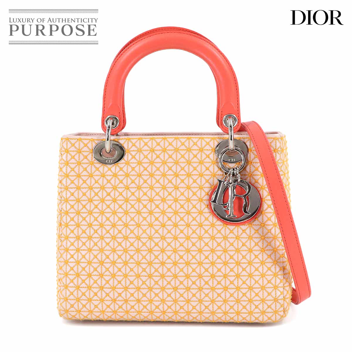 Chiristian Dior レディディオール ミディアム 2way ハンド ショルダー バッグ レザー 刺繍 ピンク オレンジ Lady Dior クリスチャン ディオール 90314052