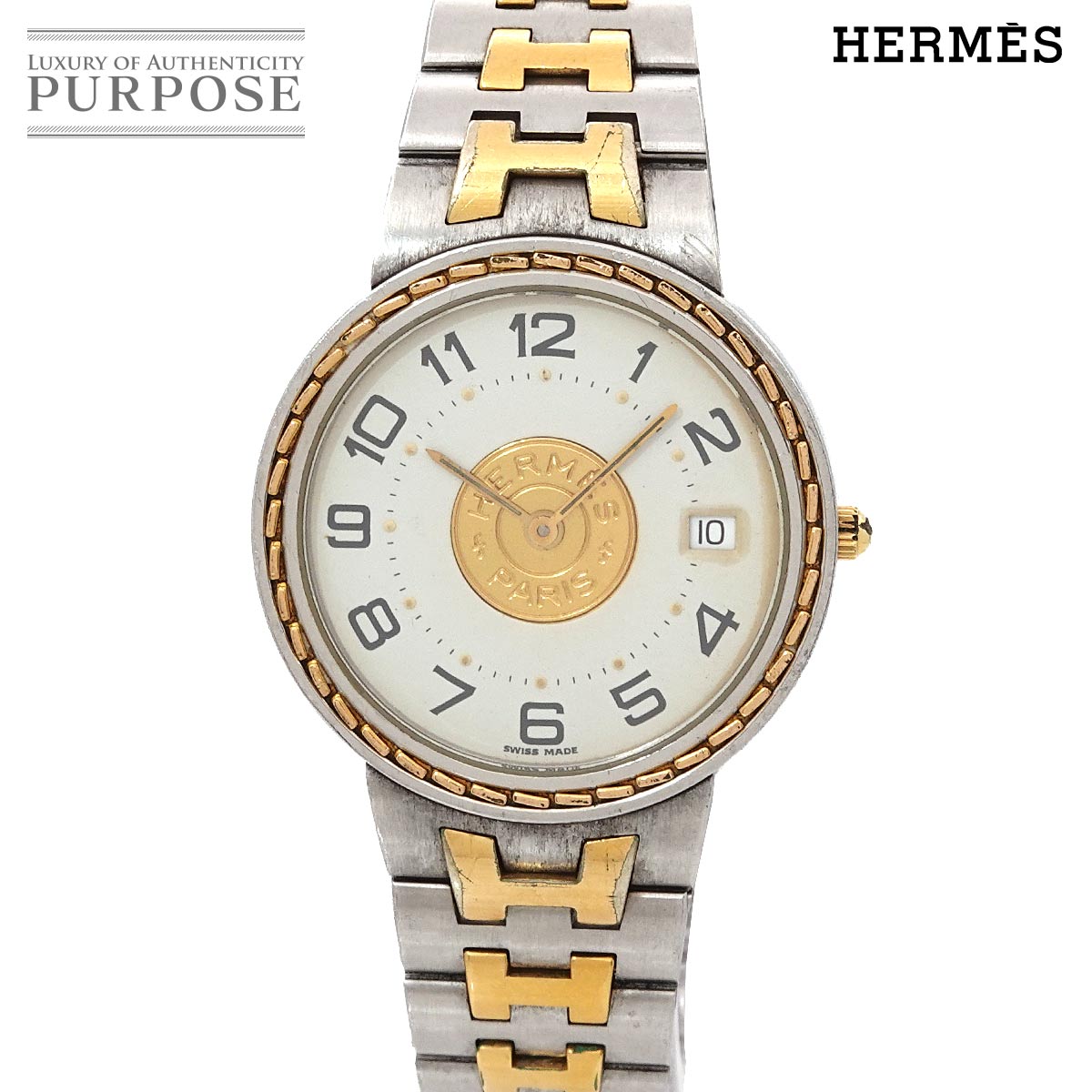 HERMES セリエ ヴィンテージ ボーイズ 腕時計 デイト ホワイト クォーツ ウォッチ Sellier エルメス 90316845