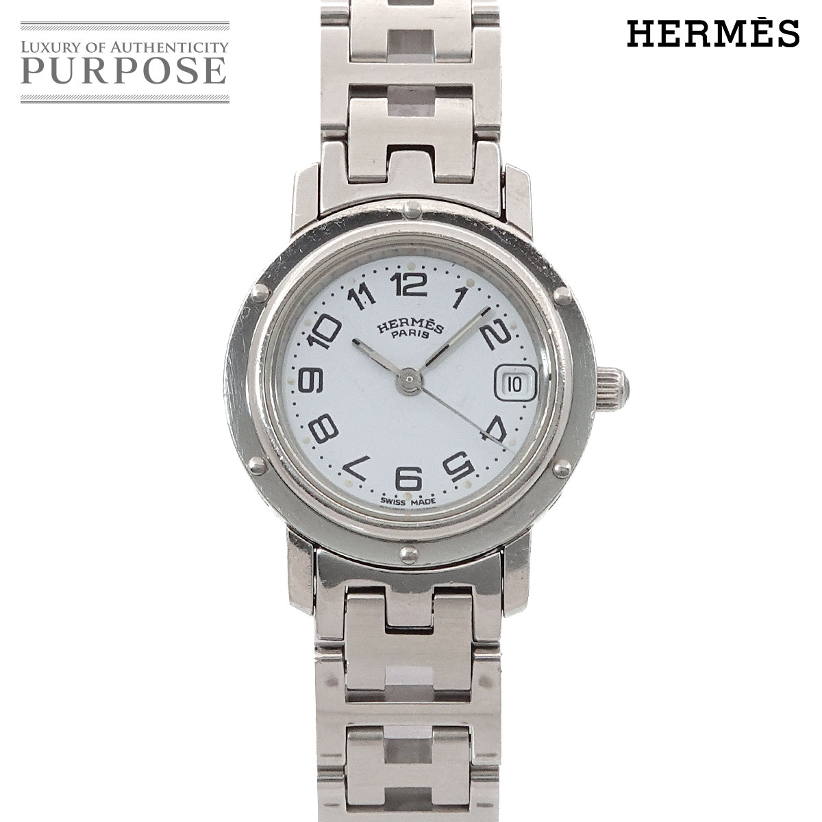 HERMES クリッパー CL4 210 ヴィンテージ レディース 腕時計 デイト ホワイト クォーツ ウォッチ Clipper エルメス 90317073