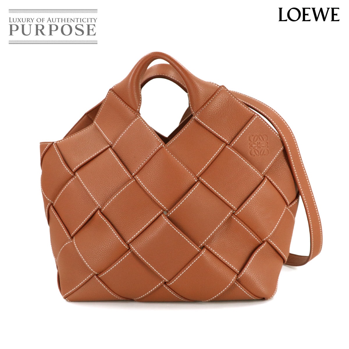 LOEWE ウーヴン バスケット 2way ハンド ショルダー バッグ レザー ブラウン ゴールド 金具 Woven Basket Bag ロエベ 90313942