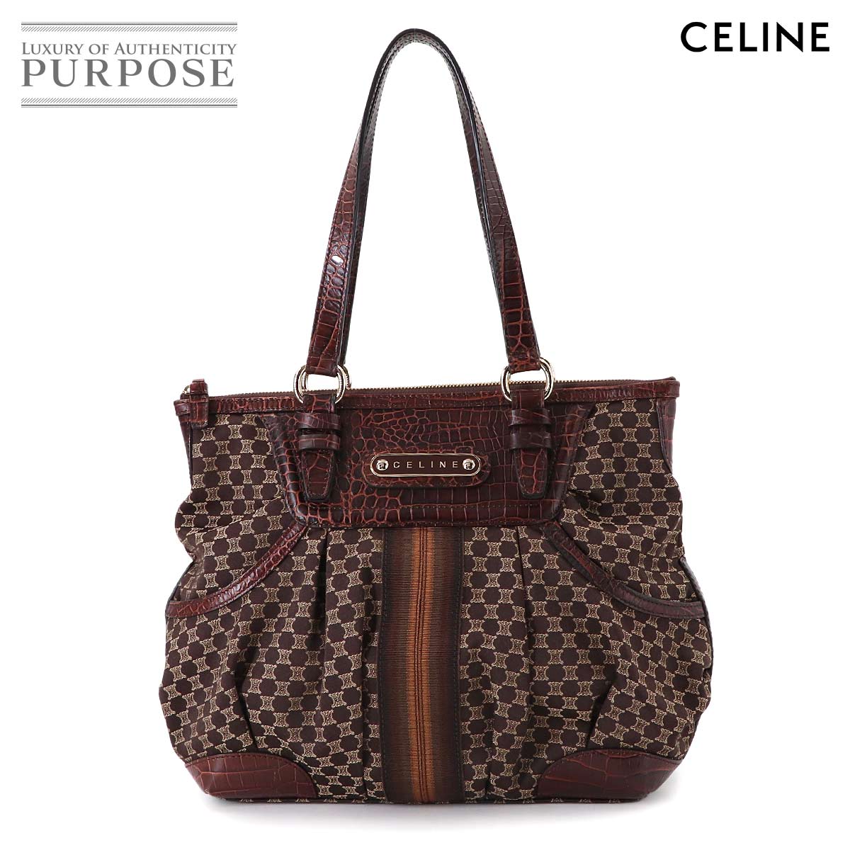 CELINE マカダム ハンド バッグ キャンバス レザー ダークブラウン ゴールド 金具 ヴィンテージ Macadam Bag セリーヌ 90314162