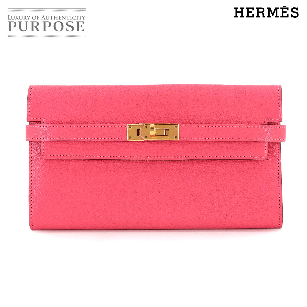 HERMES ケリーウォレット 二つ折り 長財布 シェーブル ローズリップスティック X刻印 ゴールド 金具 Kelly Wallet エルメス 90316085