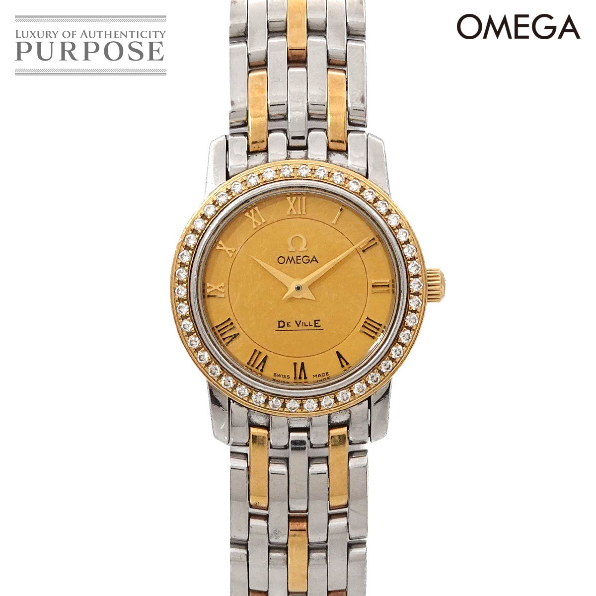 OMEGA デビル プレステージ コンビ 413 25 22 60 08 001 ベゼル ダイヤ レディース 腕時計 ゴールド YG クォーツ ウォッチ DeVille オメガ 90314388