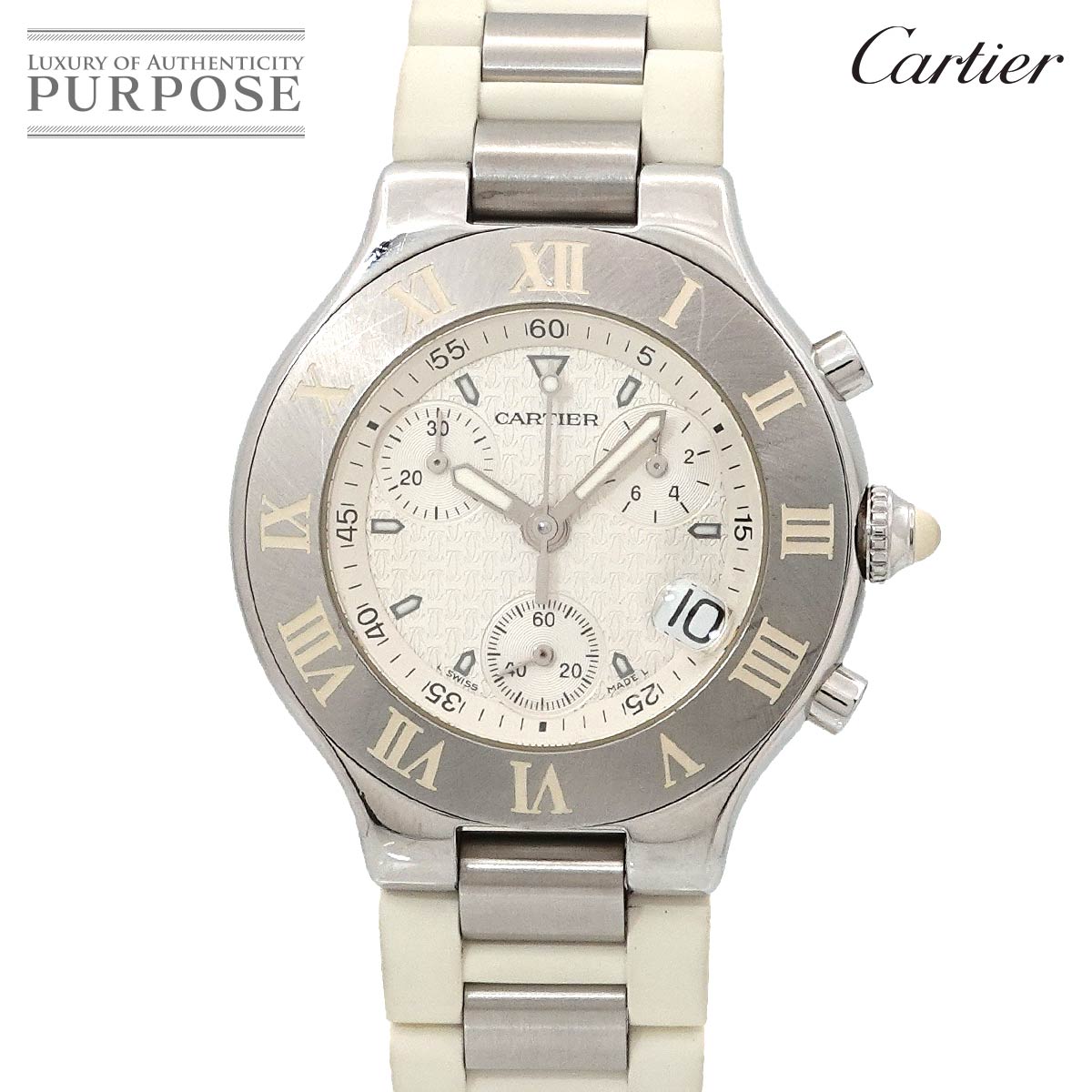 Cartier マスト21 ヴァンティアン クロノスカフ W10184U2 クロノグラフ メンズ 腕時計 デイト ホワイト ラバー クォーツ ウォッチ Chronoscaph カルティエ 90315136