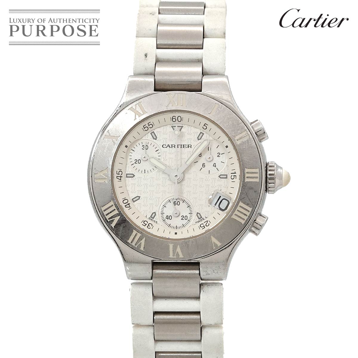 Cartier マスト21 ヴァンティアン クロノスカフ W10197U2 クロノグラフ レディース 腕時計 デイト ホワイトクォーツ ウォッチ Must21 カルティエ 90315137