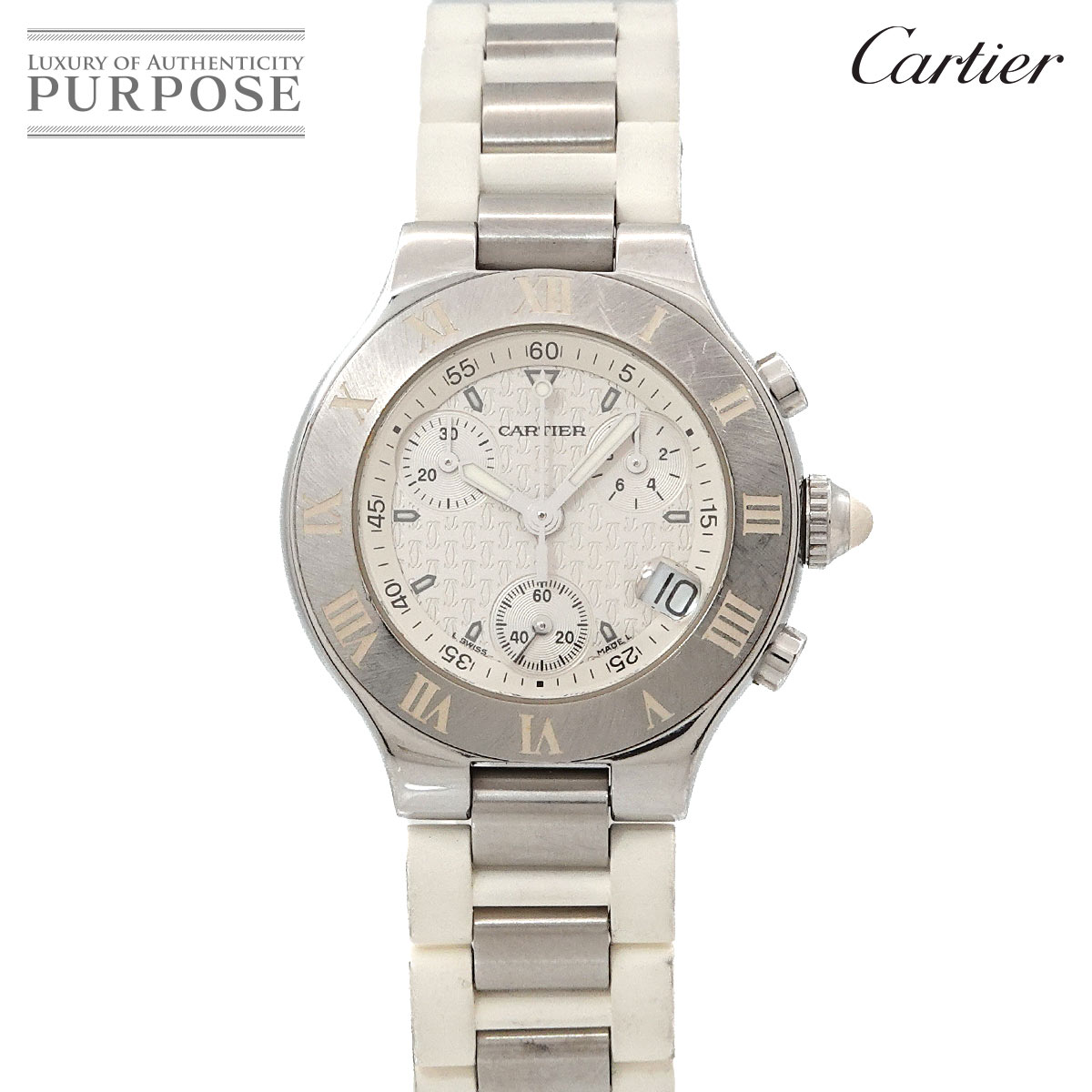 Cartier マスト21 ヴァンティアン クロノスカフ W10197U2 クロノグラフ レディース 腕時計 デイト ホワイトクォーツ ウォッチ Must21 カルティエ 90315138