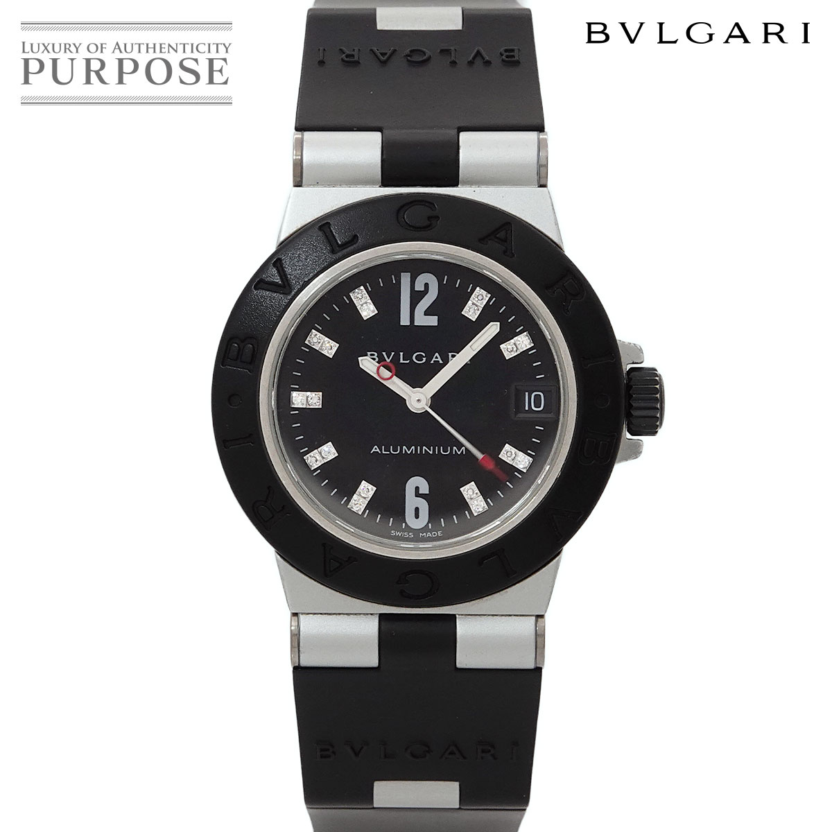BVLGARI アルミニウム AL32TA レディース 腕時計 18P ダイヤ デイト ブラック クォーツ ウォッチ Aluminum ブルガリ 90315908