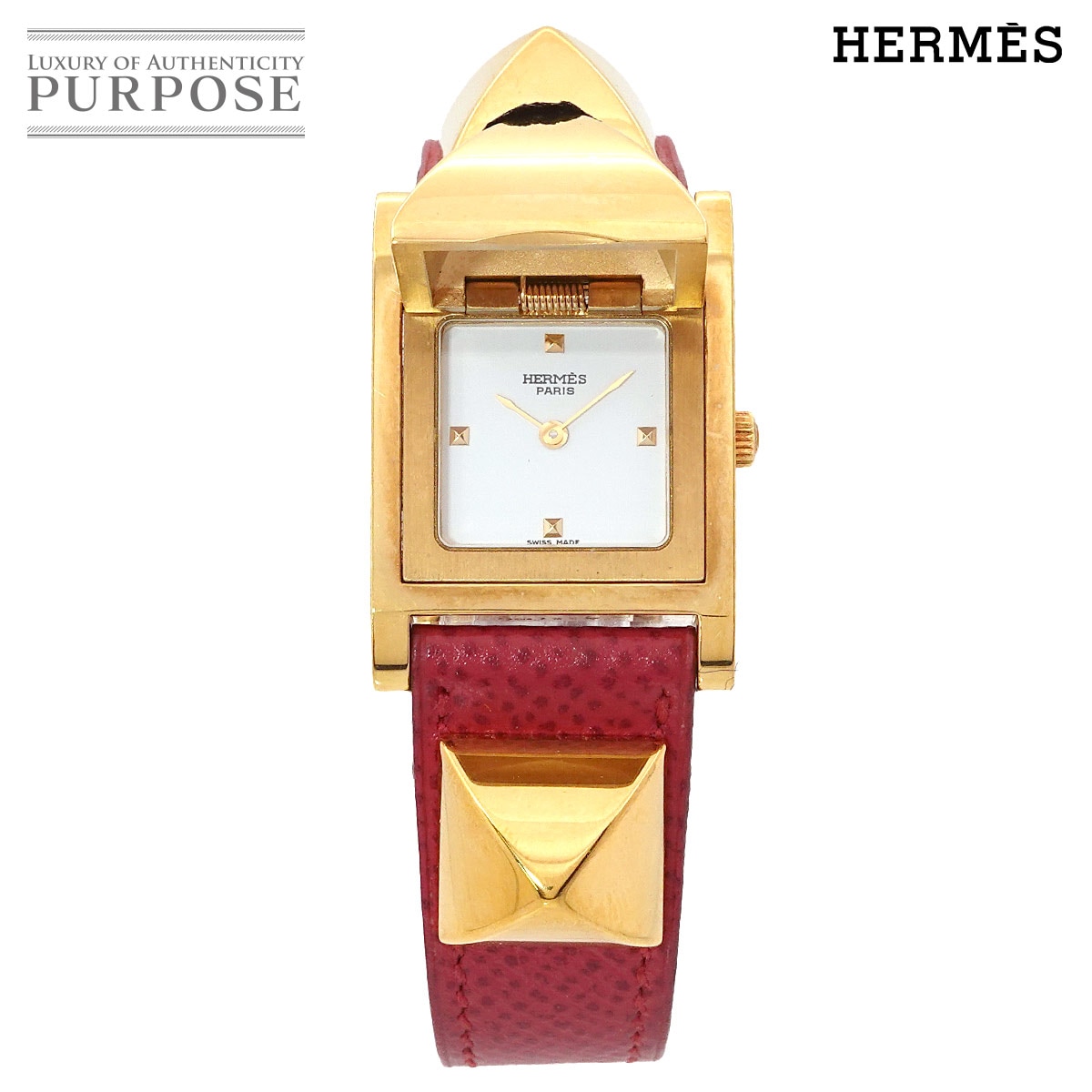 HERMES メドール ヴィンテージ レディース 腕時計 ピラミッド ゴールド スタッズ ホワイト レッド レザー クォーツ ウォッチ Medor エルメス 90315916