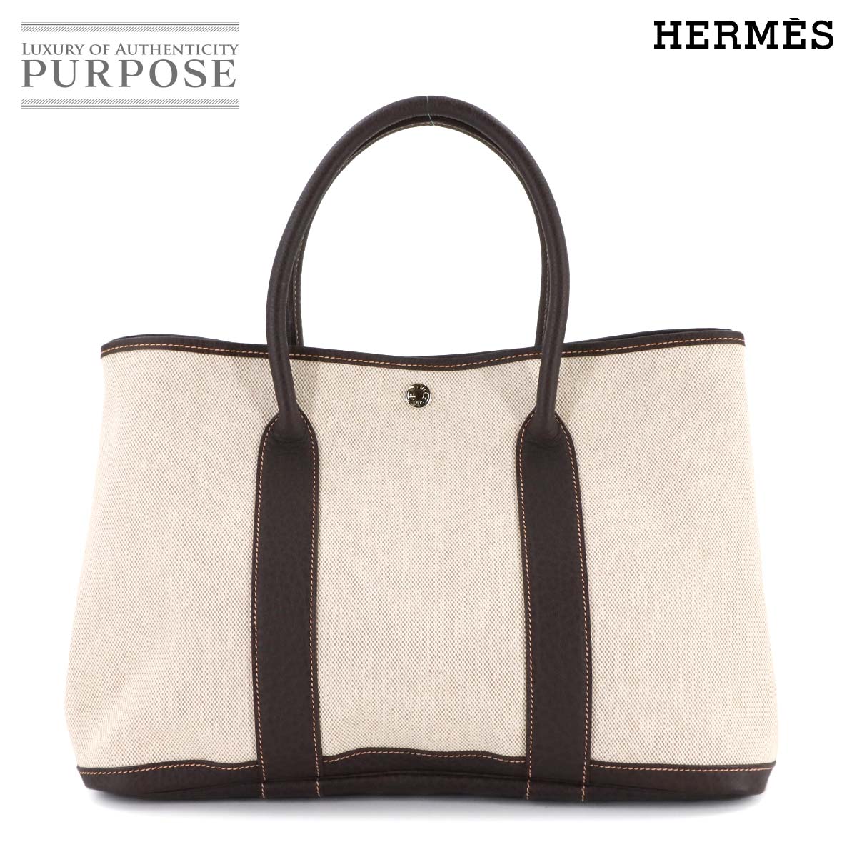 HERMES ガーデンパーティ 36 PM トート バッグ トワルアッシュ レザー ナチュラル マロン □H刻印 Garden Party PM エルメス 90309257