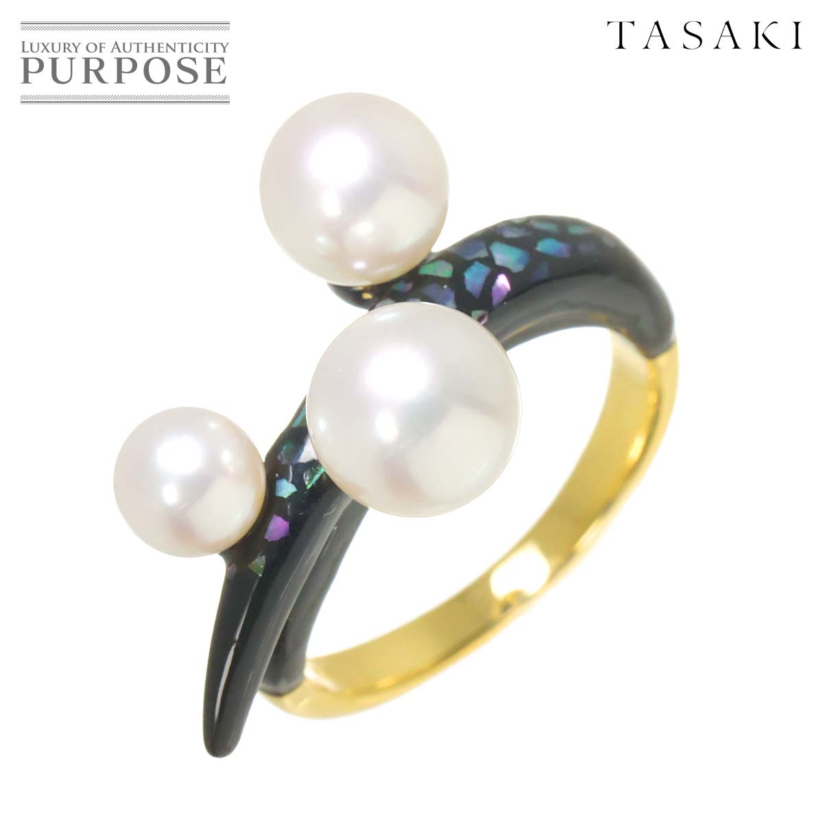 TASAKI 13号 リング アコヤ真珠 7.6-5.4mm エナメル シェル K18 YG イエローゴールド 750 パール 指輪 Ring タサキ 90311304