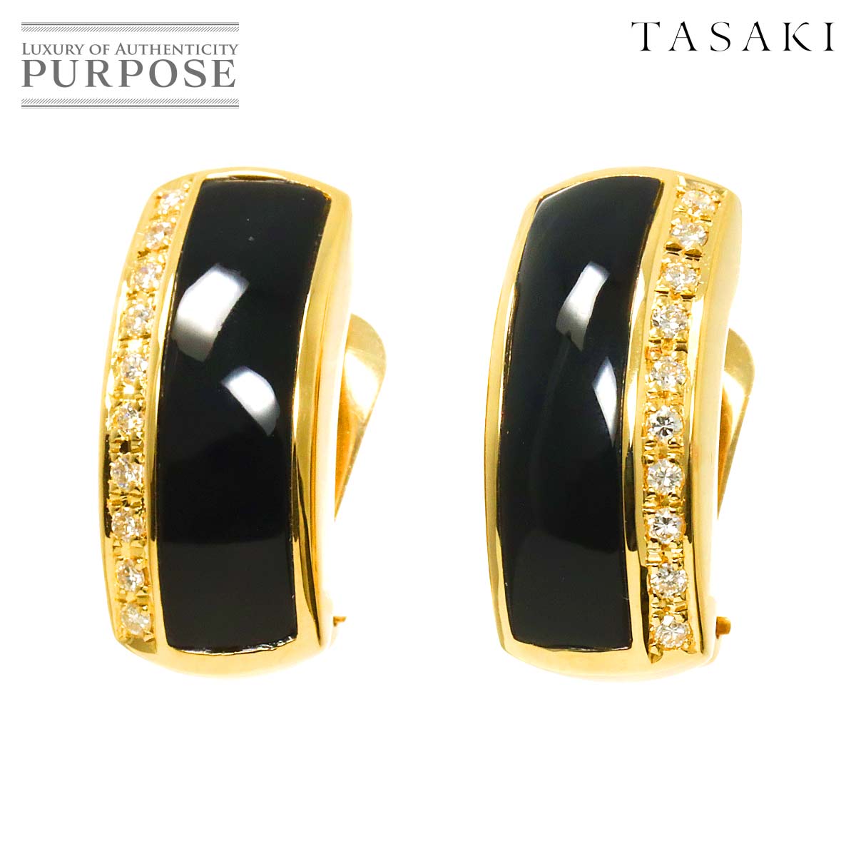 TASAKI ダイヤ 0.09/0.09ct オニキス イヤリング K18 YG イエローゴールド 750 田崎真珠 Earrings Clip on タサキ 90311419