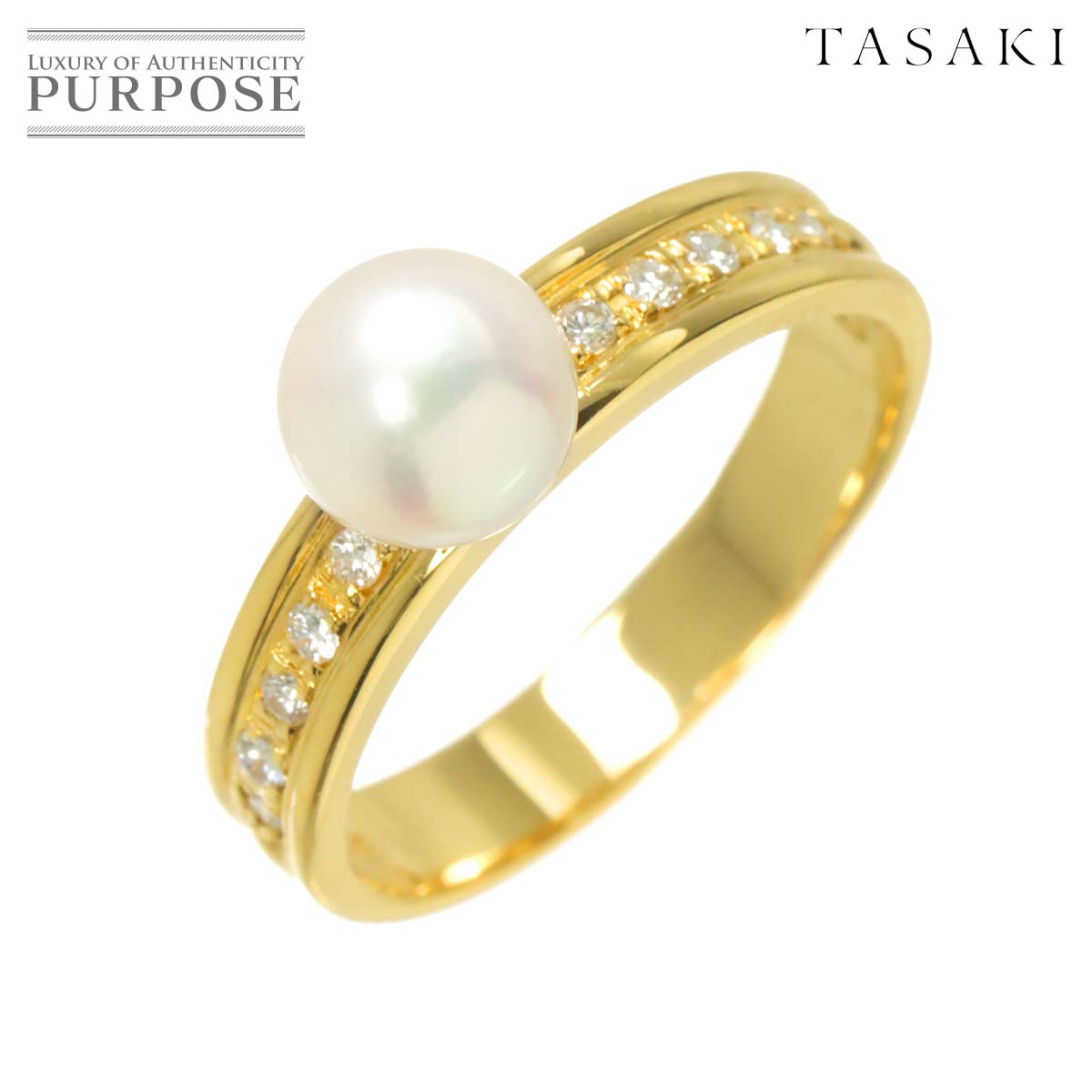 TASAKI 10号 リング アコヤ真珠 6.3mm ダイヤ 0.10ct K18 YG イエローゴールド 750 パール 指輪 Akoya pearl Ring タサキ 90312757
