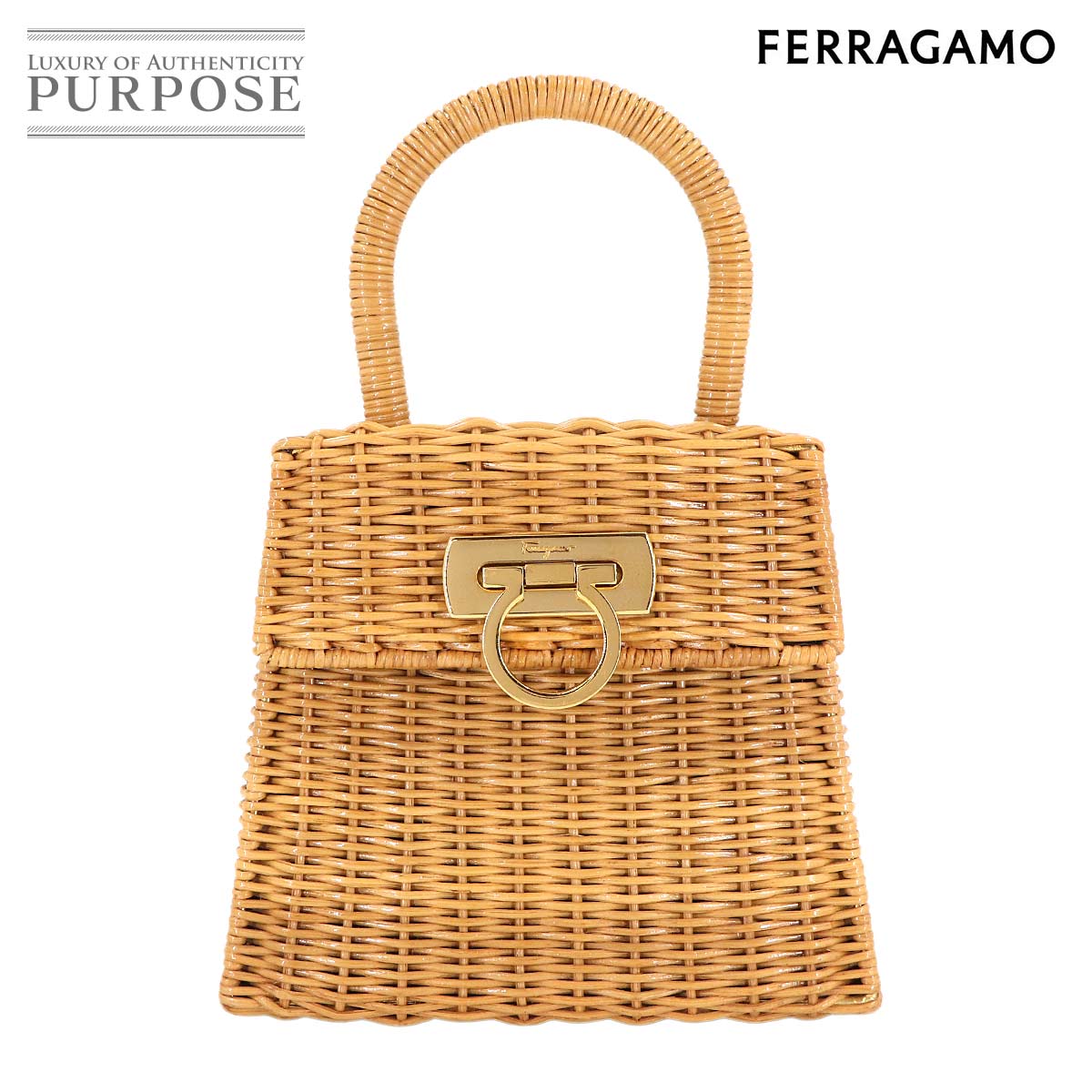 Salvatore Ferragamo ガンチーニ かご ハンド バッグ ラタン ベージュ ゴールド 金具 Hand Bag サルヴァトーレ フェラガモ 90312790