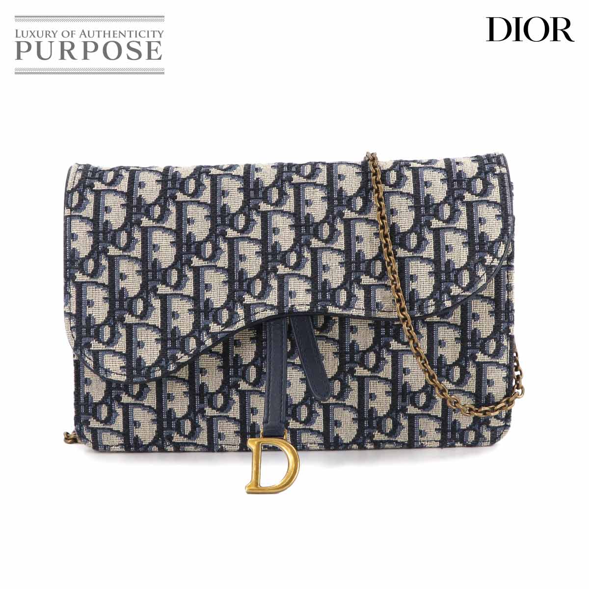 Christian Dior オブリーク サドル チェーン ポーチ ウォレット 二つ折り 長財布 ジャガード レザー ネイビー Saddle Pouch クリスチャン ディオール 90313110