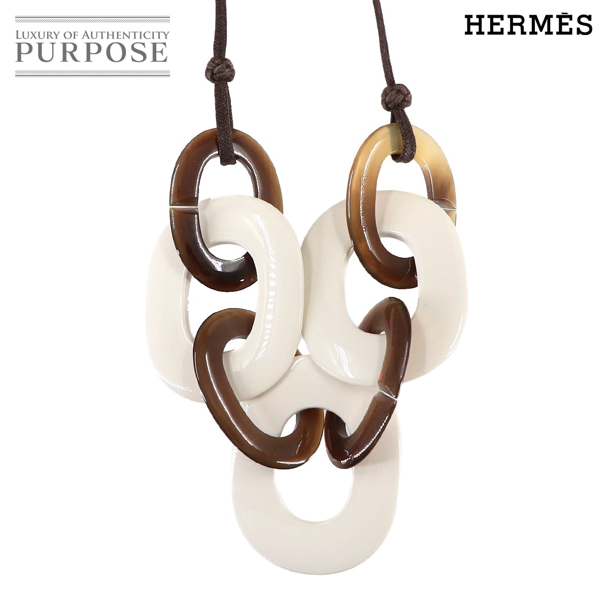 HERMES カランバ ネックレス ラッカーウッド バッファローホーン ホワイト ブラウン アクセサリー Karamba Necklace エルメス 90313112