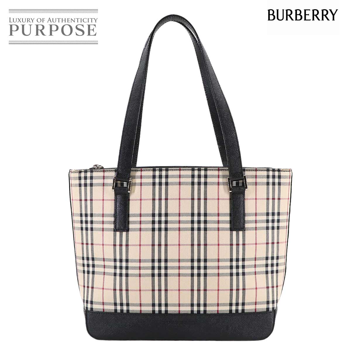 BURBERRY ノバチェック トート バッグ キャンバス レザー ベージュ ブラック シルバー 金具 Tote Bag バーバリー 90313119