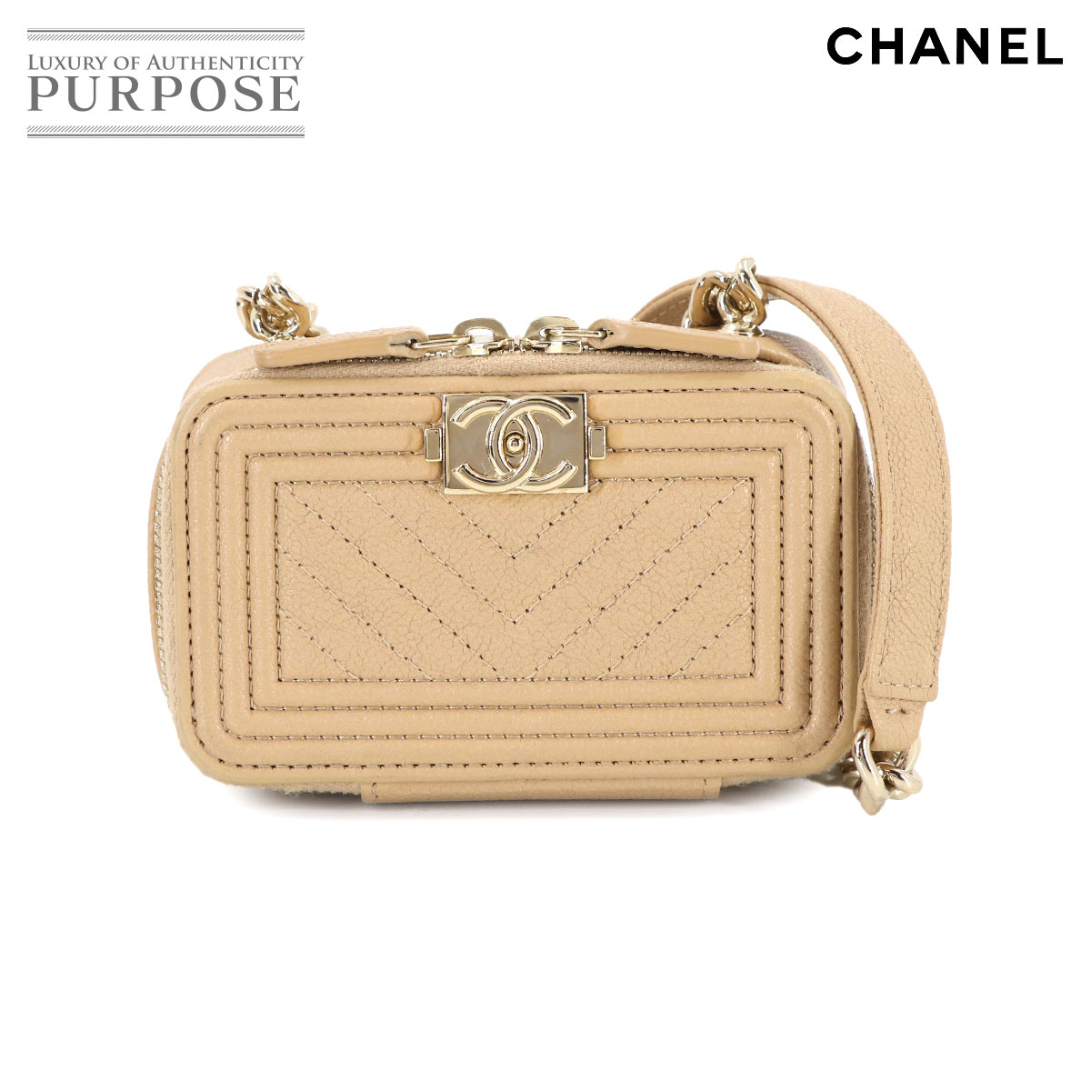 CHANEL ボーイシャネル チェーン ウォレット コインパース キャビアスキン ベージュ AP2708 ゴールド 金具 Chain Wallet シャネル 90313152