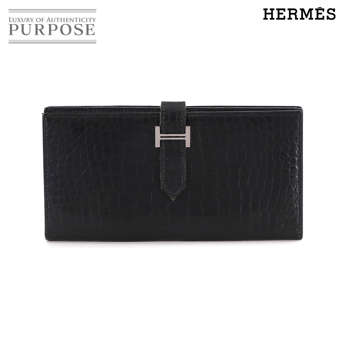 HERMES クロコダイル アリゲーター ベアンスフレ 長財布 ブラック □J刻印 シルバー 金具 Bearn Soufflet エルメス 90314232
