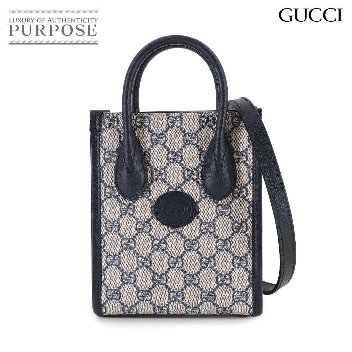 GUCCI インターロッキングG ミニ 2way トート ショルダー バッグ GGスプリームキャンバス レザー ベージュ ネイビー 671623 Interlocking G Mini Tote Bag グッチ 90314550