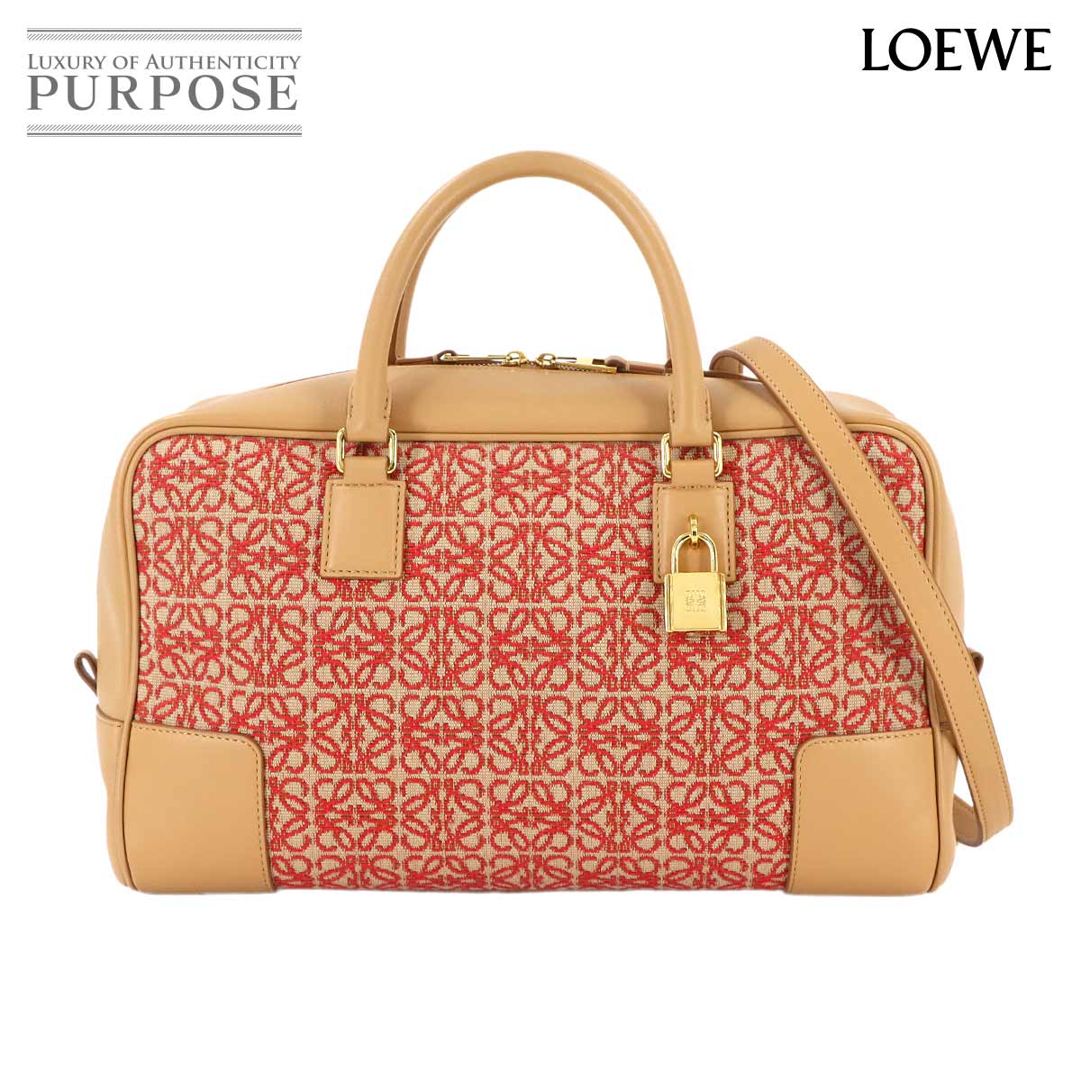 LOEWE アマソナ 28 2way ハンド ショルダー バッグ ジャカード レザー ブラウン レッド A039N08X02 ゴールド 金具 Amazona 28 ロエベ 90307843