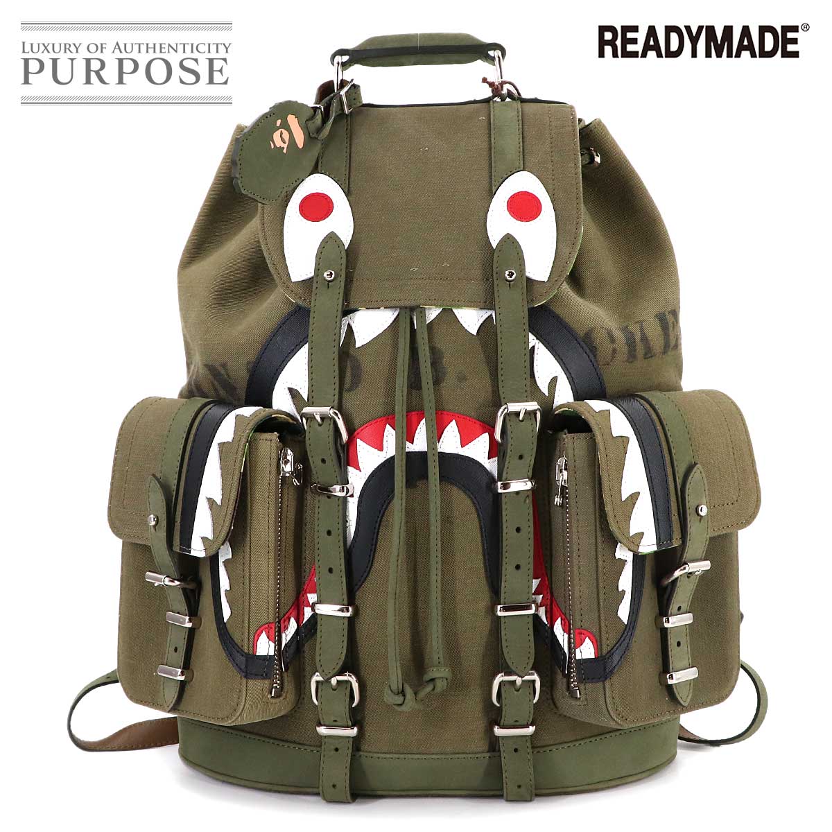 READYMADE アベイシングエイプ フィールド パック バックパック ヴィンテージコットン カーキ  シルバー 金具 シャーク Backpack レディメイド 90310941