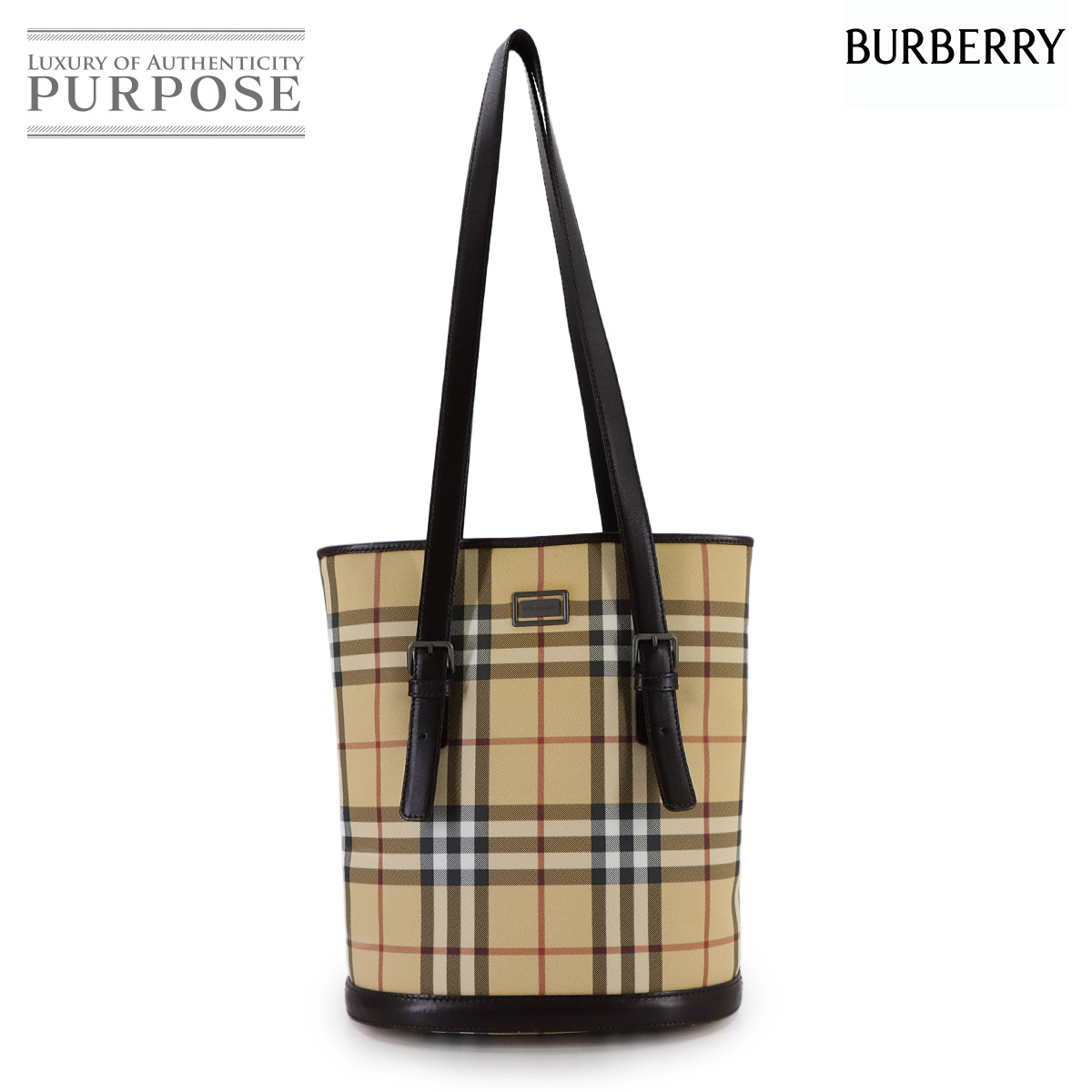 BURBERRY ノバチェック トート バッグ PVC レザー ベージュ ブラウン ガンメタ 金具 Tote Bag バーバリー 90311111