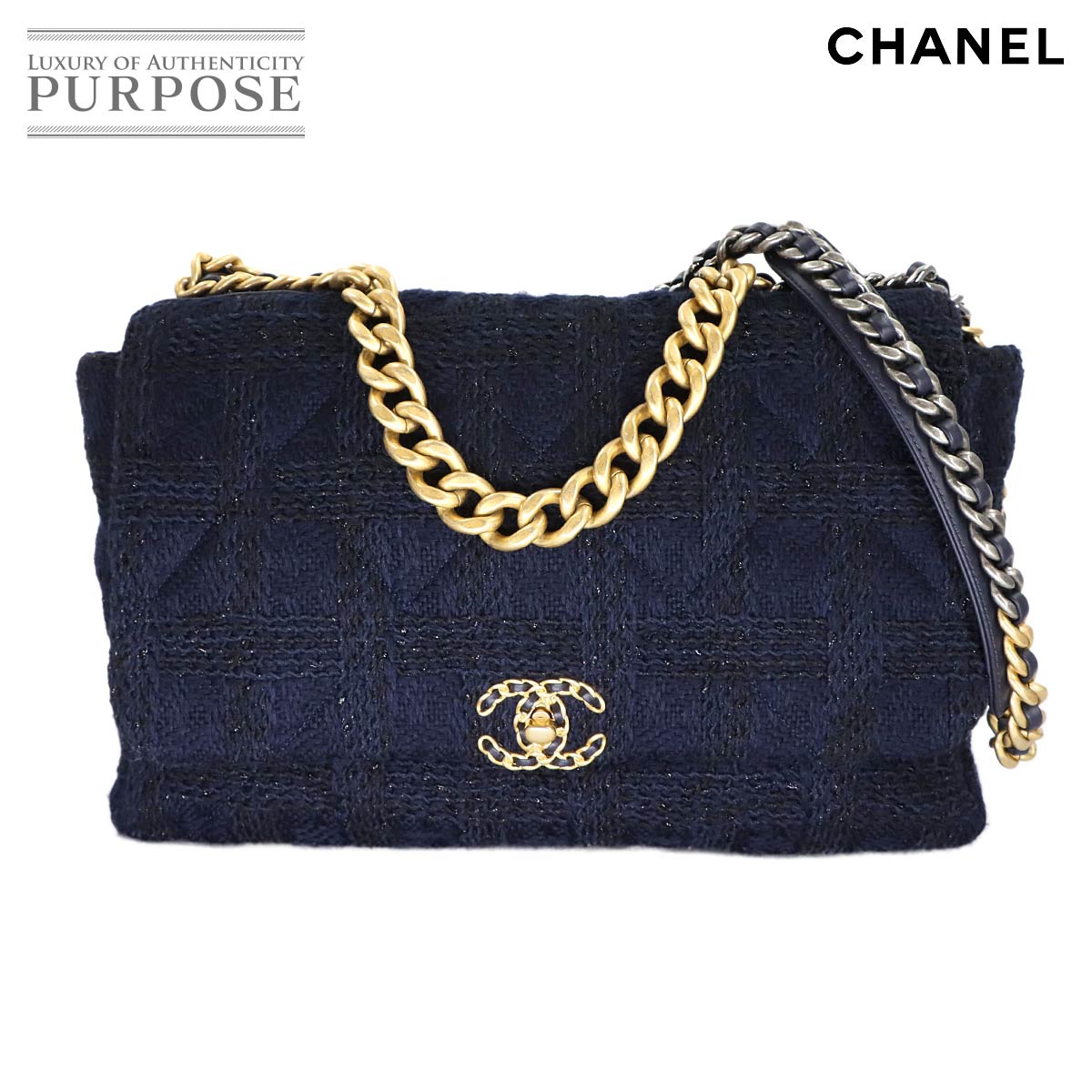 CHANEL 19 マキシ 2way ハンド チェーン ショルダー バッグ ツイード レザー ネイビー AS1162 CHANEL 19 Bag シャネル 90311124