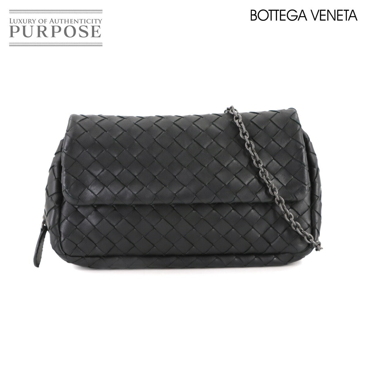 BOTTEGA VENETA イントレチャート チェーン ショルダー バッグ レザー ブラック 310774 ガンメタ 金具 Shoulder Bag ボッテガ ヴェネタ 90311648