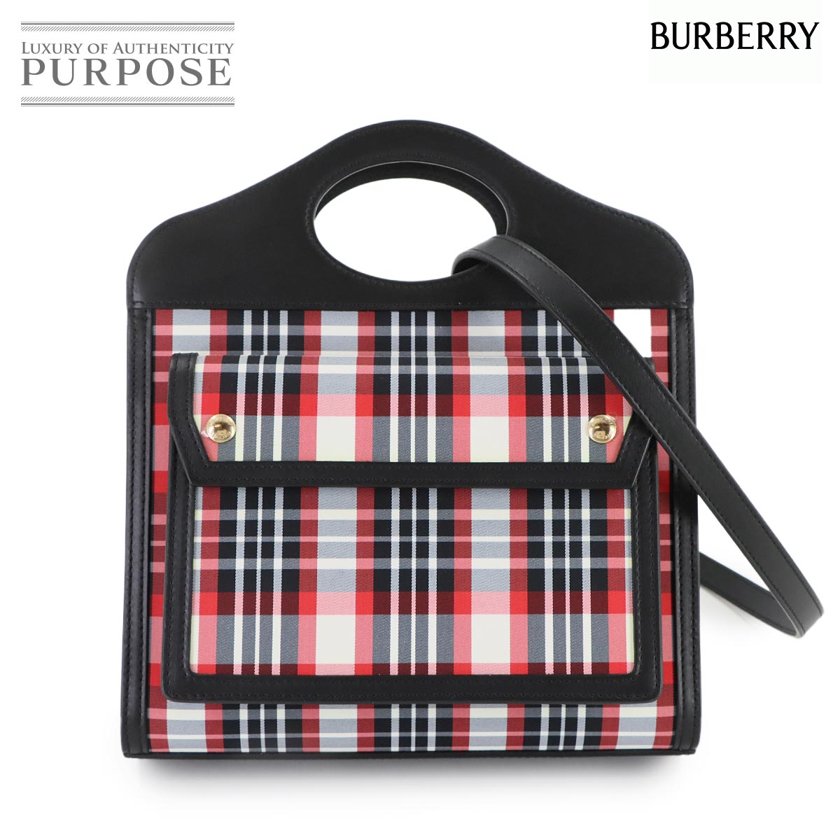BURBERRY チェック柄 ポケットバッグ 2way ハンド ショルダー バッグ レザー ナイロン ブラック レッド 8035841 Pocket Bag バーバリー 90311650