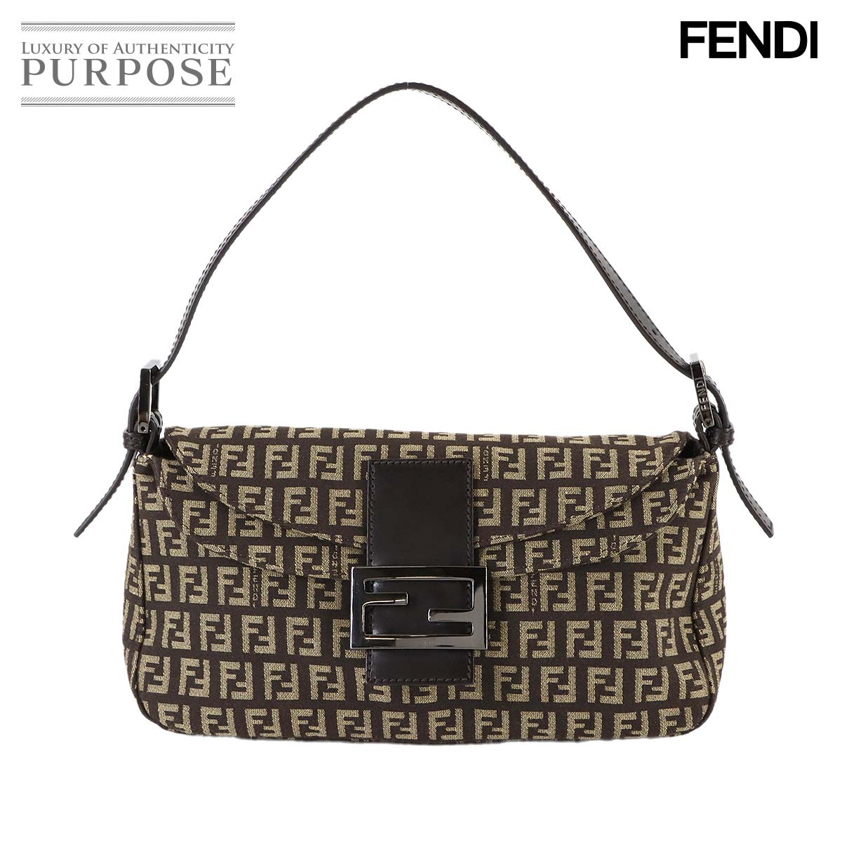 FENDI ズッキーノ マンマバケット ショルダー バッグ キャンバス ブラウン ベージュ 8BR003 ガンメタ 金具 Zucchino Mamma Baguette フェンディ 90311885