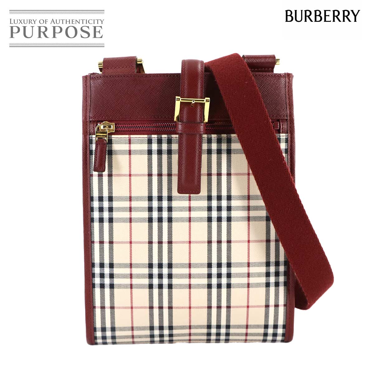 BURBERRY ノバチェック ショルダー バッグ キャンバス レザー ベージュ ボルドー Shoulder Bag バーバリー 90312059
