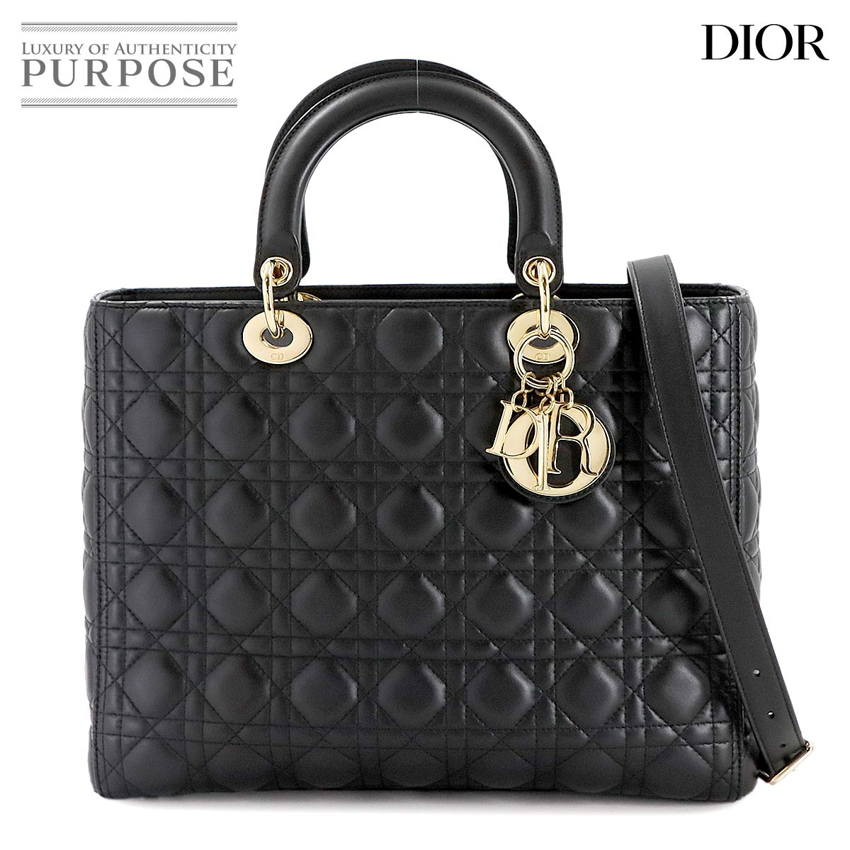 Chiristian Dior カナージュ レディディオール ラージ 2way ハンド ショルダー バッグ レザー ブラック Lady Dior Bag クリスチャン ディオール 90312323