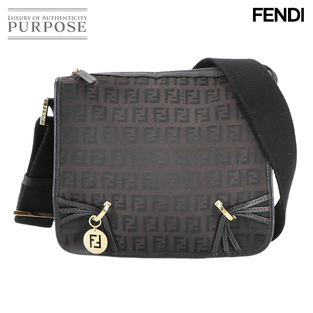 FENDI ズッカ ショルダー バッグ キャンバス レザー ブラウン シルバー