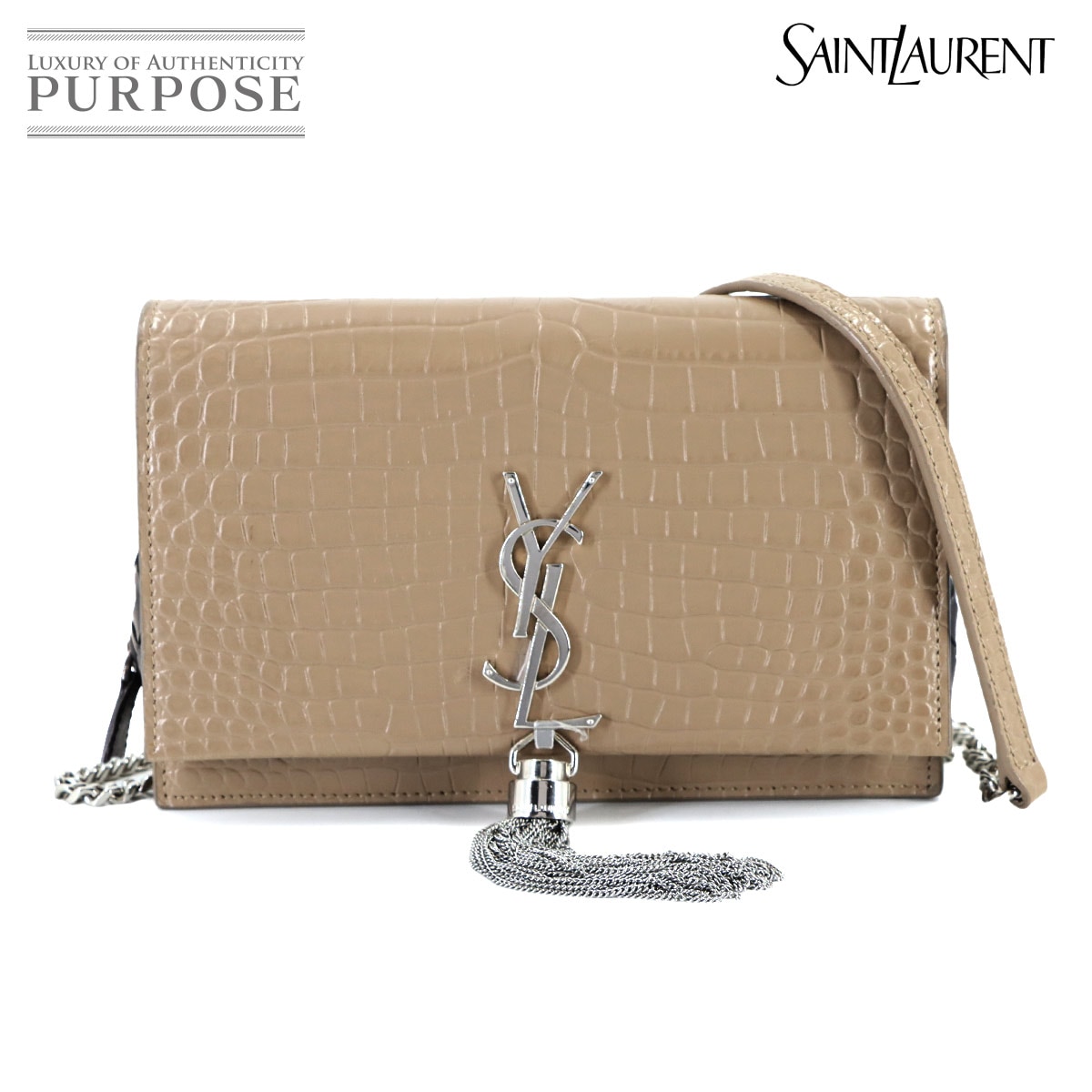 SAINT LAURENT ケイト チェーン ウォレット 二つ折り 長財布 クロコ型押し レザー ベージュ 152159 Kate Wallet サンローラン パリ 90312453