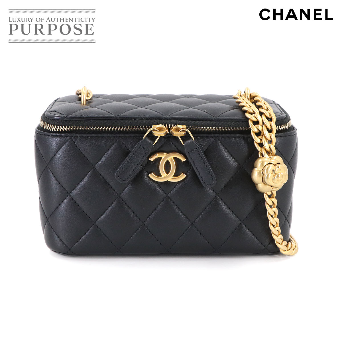 CHANEL マトラッセ スモール バニティ ケース チェーン ショルダー バッグ ラムスキン ブラック カメリア Matelasse Small Vanity Case シャネル 90312801