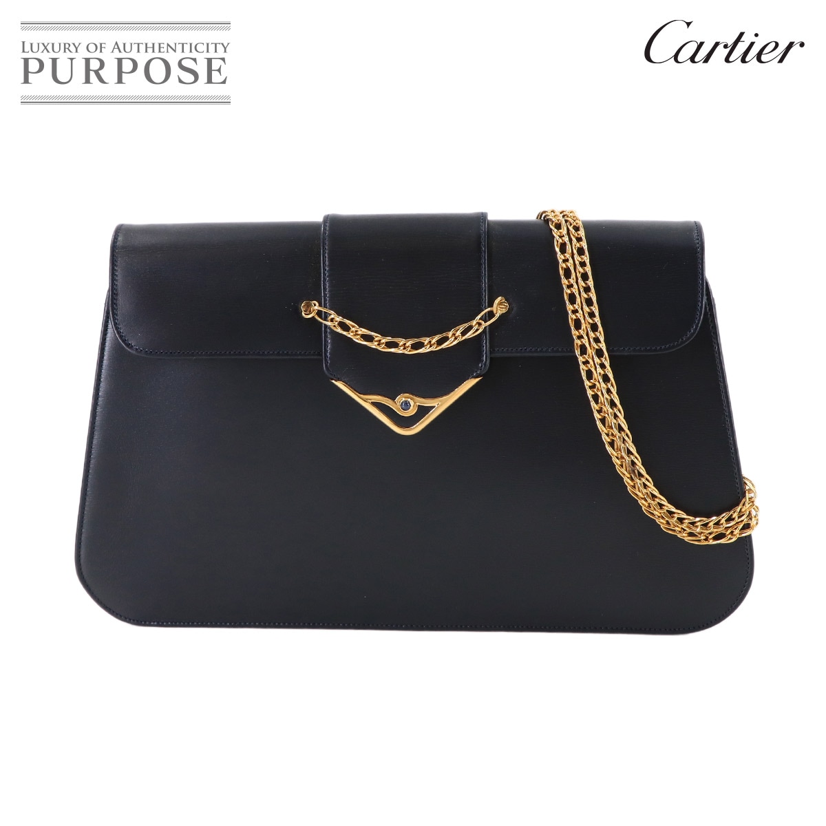 Cartier サファイアライン チェーン ショルダー バッグ レザー ネイビー ゴールド 金具 Sapphire Line Bag カルティエ 90313130