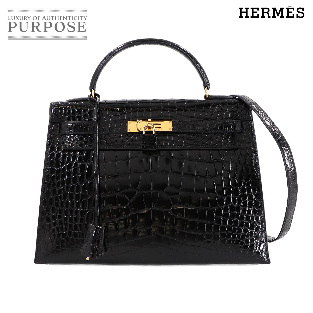 HERMES ケリー 32 クロコダイル アリゲーター ブラック 2way ハンド ショルダー バッグ 外縫い 〇V刻印 Kelly エルメス 90313947