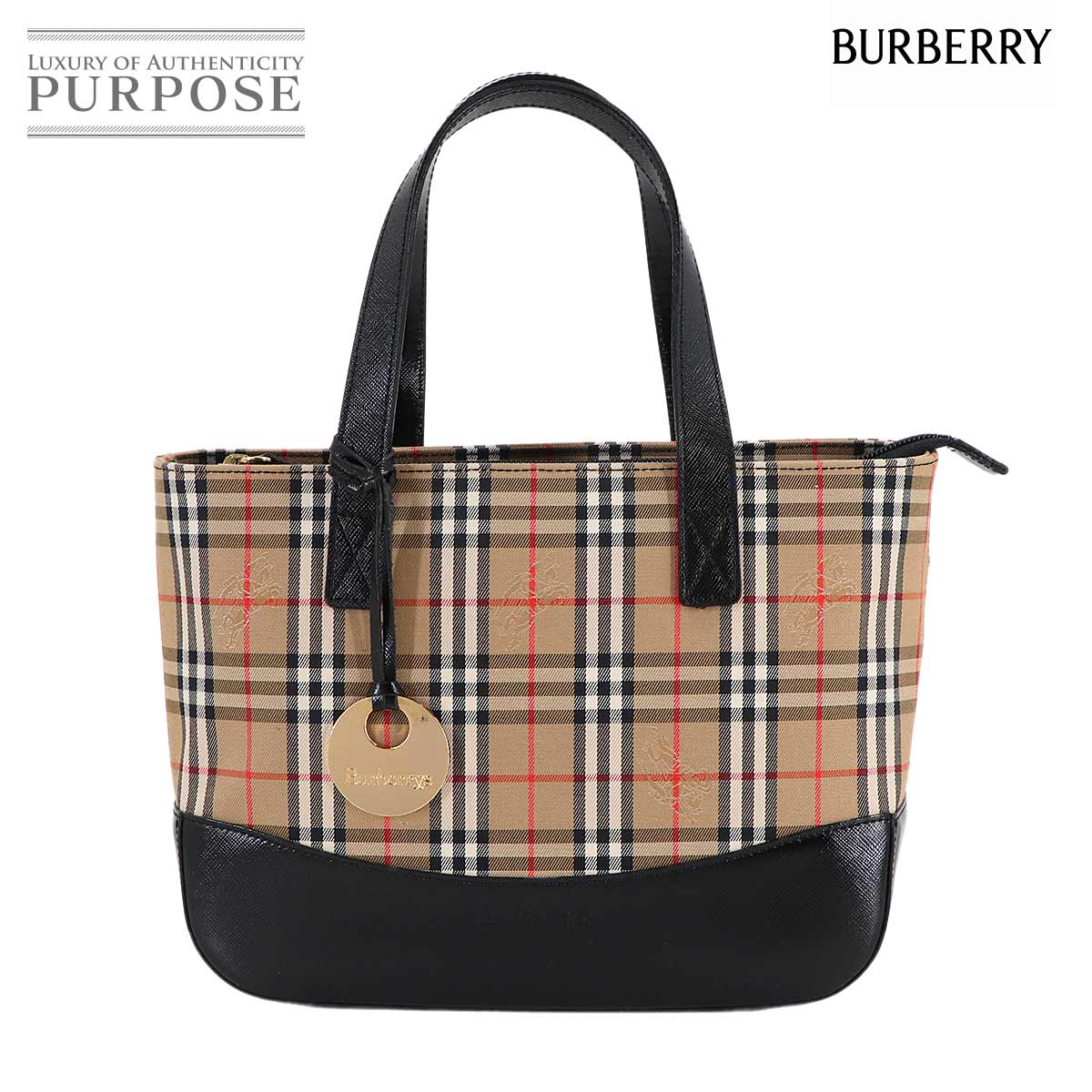 BURBERRY ヘイマーケットチェック ハンド バッグ キャンバス レザー ベージュ ブラック Hand Bag バーバリー 90314176