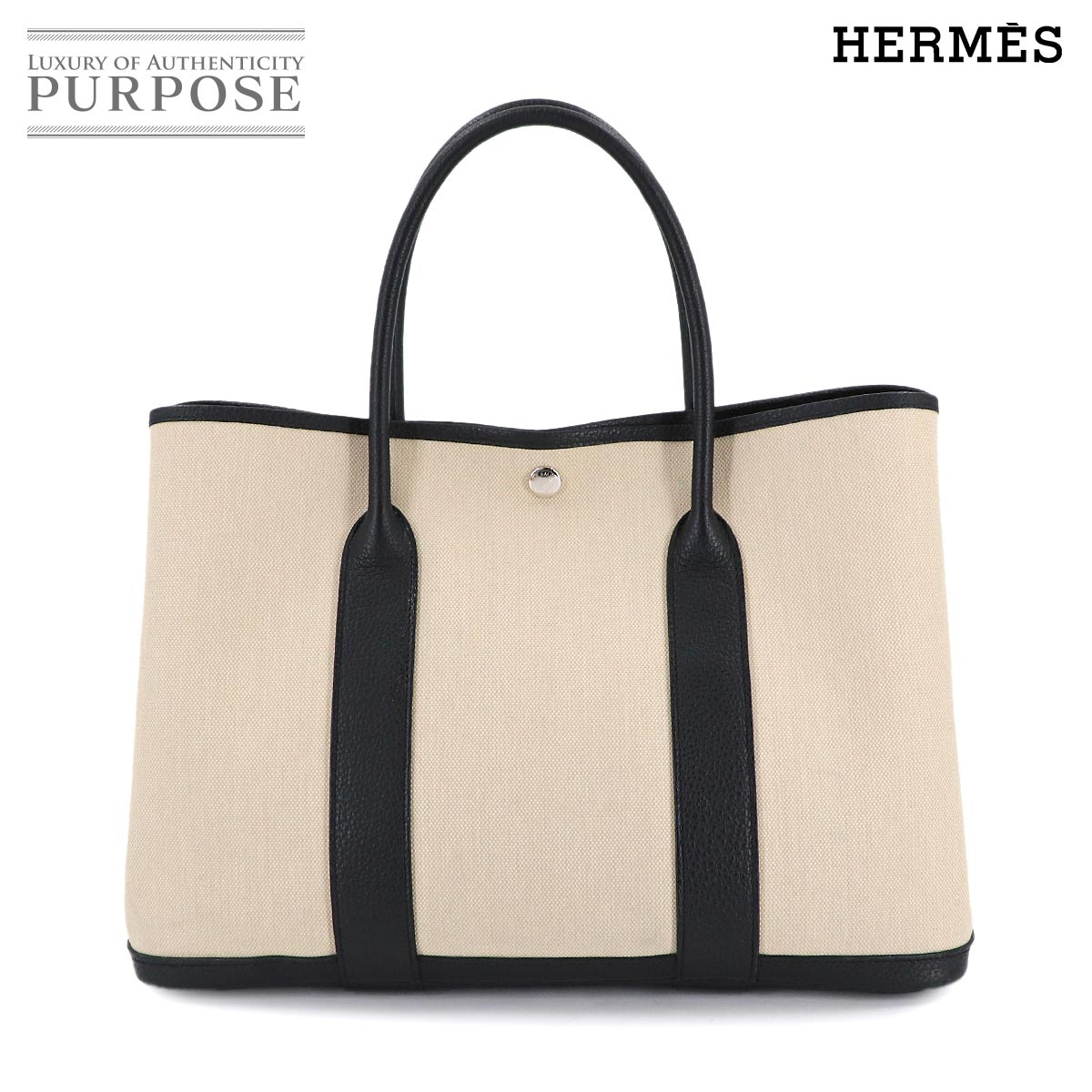 HERMES ガーデンパーティ PM トート バッグ トワルアッシュ ネゴンダ エクリュ ブラック B刻印 Garden Party エルメス 90314443