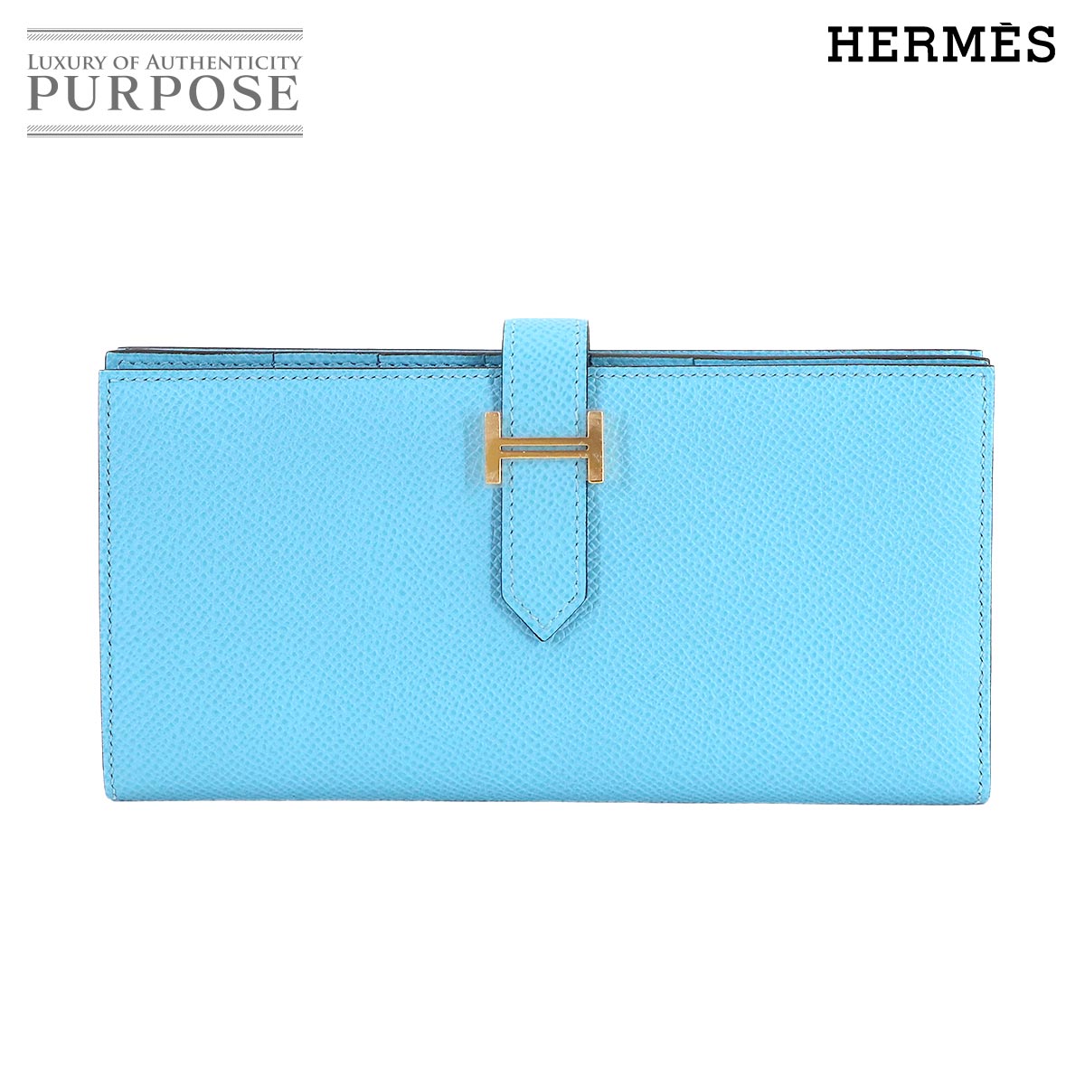 HERMES ベアンスフレ 二つ折り 長財布 エプソン セレステ B刻印 ゴールド 金具 Bearn Soufflet Wallet エルメス 90314484