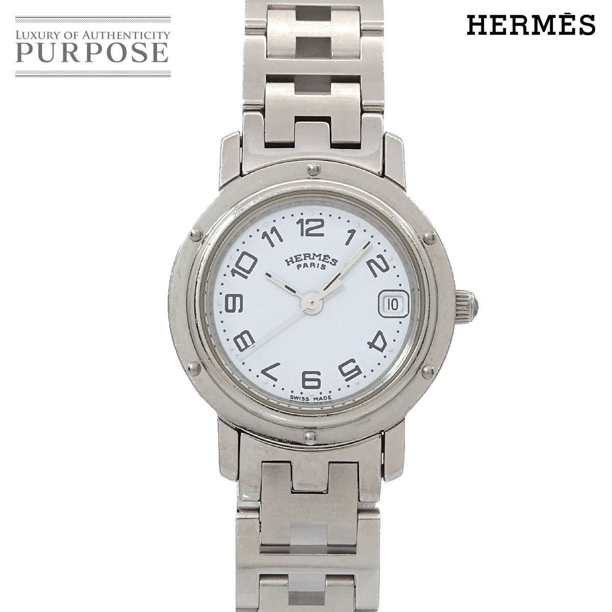 HERMES クリッパー CL4 210 ヴィンテージ レディース 腕時計 デイト ホワイト クォーツ ウォッチ Clipper エルメス 90314941