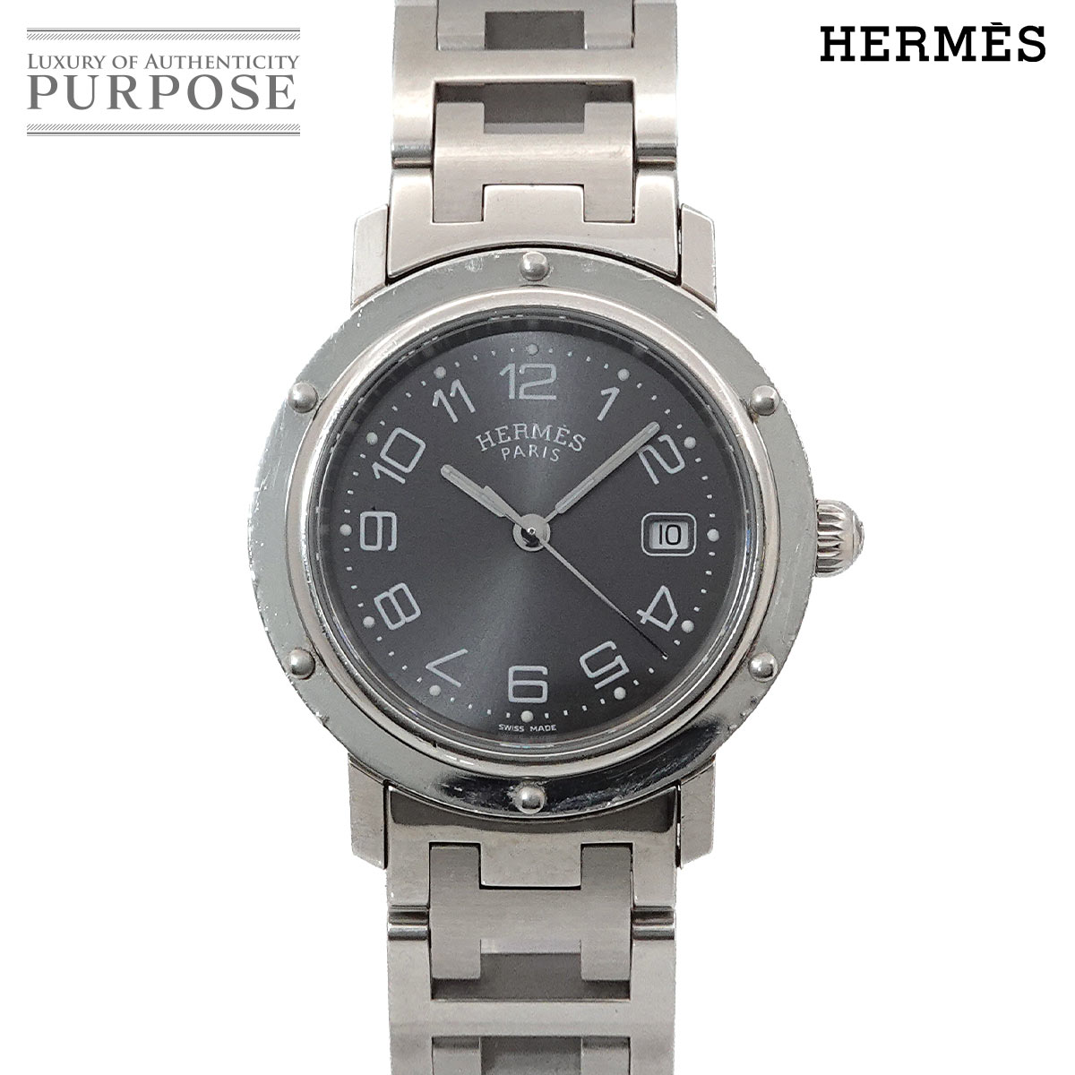 HERMES クリッパー CL6 410 ボーイズ 腕時計 デイト グレー クォーツ ウォッチ Clipper Nacre エルメス 90317508